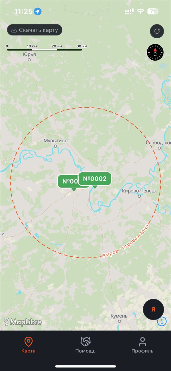 Карта с метками и игровой зоной